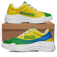 Brazil-themed chunky sneakers, yellow upper with green/blue accents and white sole