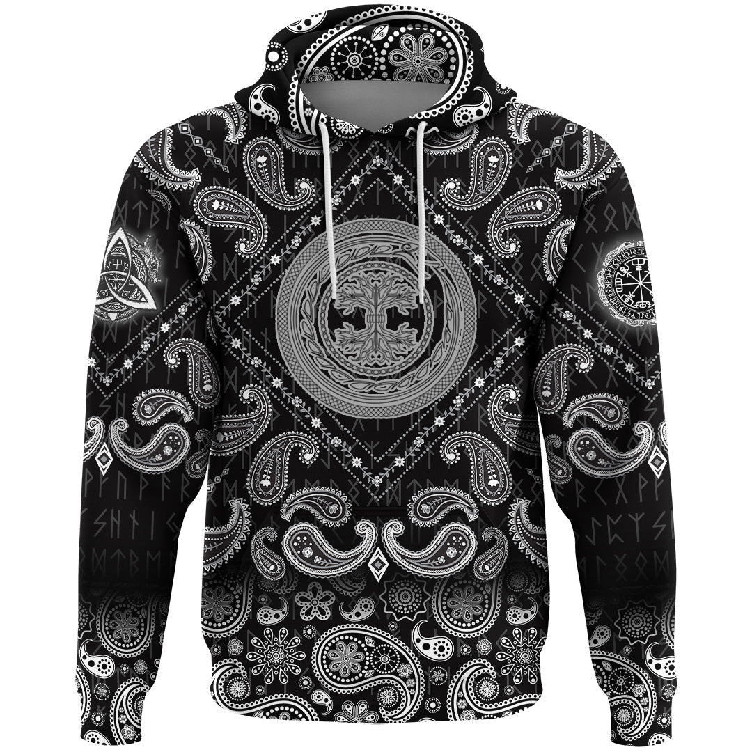 Viking Hoodie Contour Yggdrasil and Ouroboros In Ornamented Circles with Bandana Paisley Style RLT12 - Wonder Print Shop