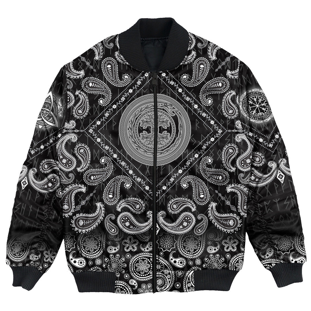 Viking Bomber Jacket Contour Yggdrasil and Ouroboros In Ornamented Circles with Bandana Paisley Style RLT12 - Wonder Print Shop