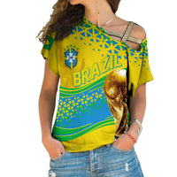 Yellow Brazil soccer shirt with off-shoulder cutouts and blue green graphics