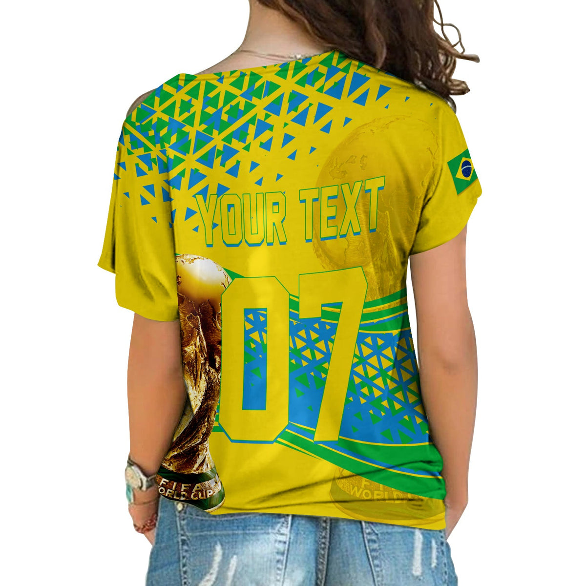 Yellow soccer shirt back with YOUR TEXT and 01 print, blue green pattern
