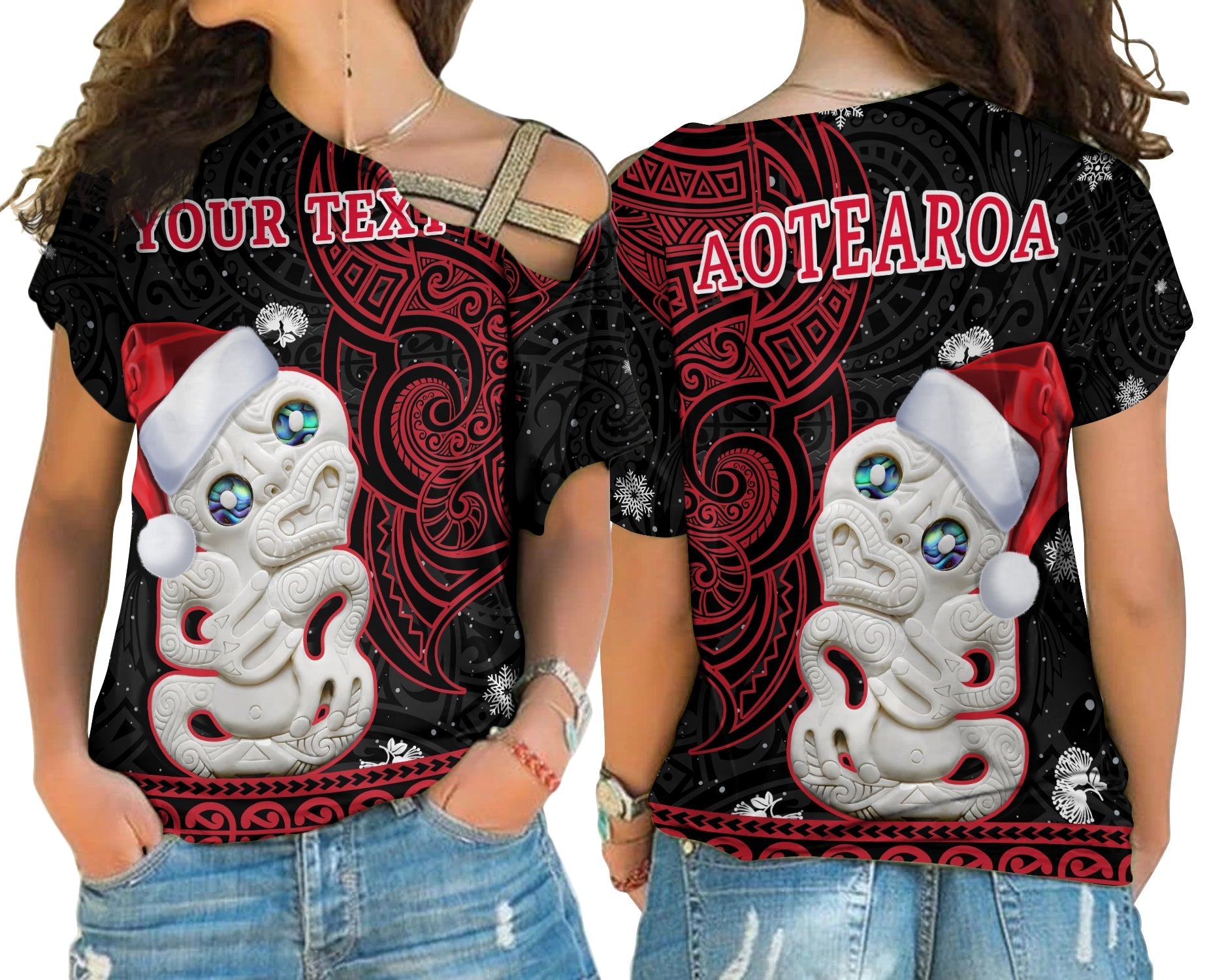 custom-personalised-new-zealand-christmas-cross-shoulder-shirt-hei-tiki-red-pohutukawa-meri-kirihimete