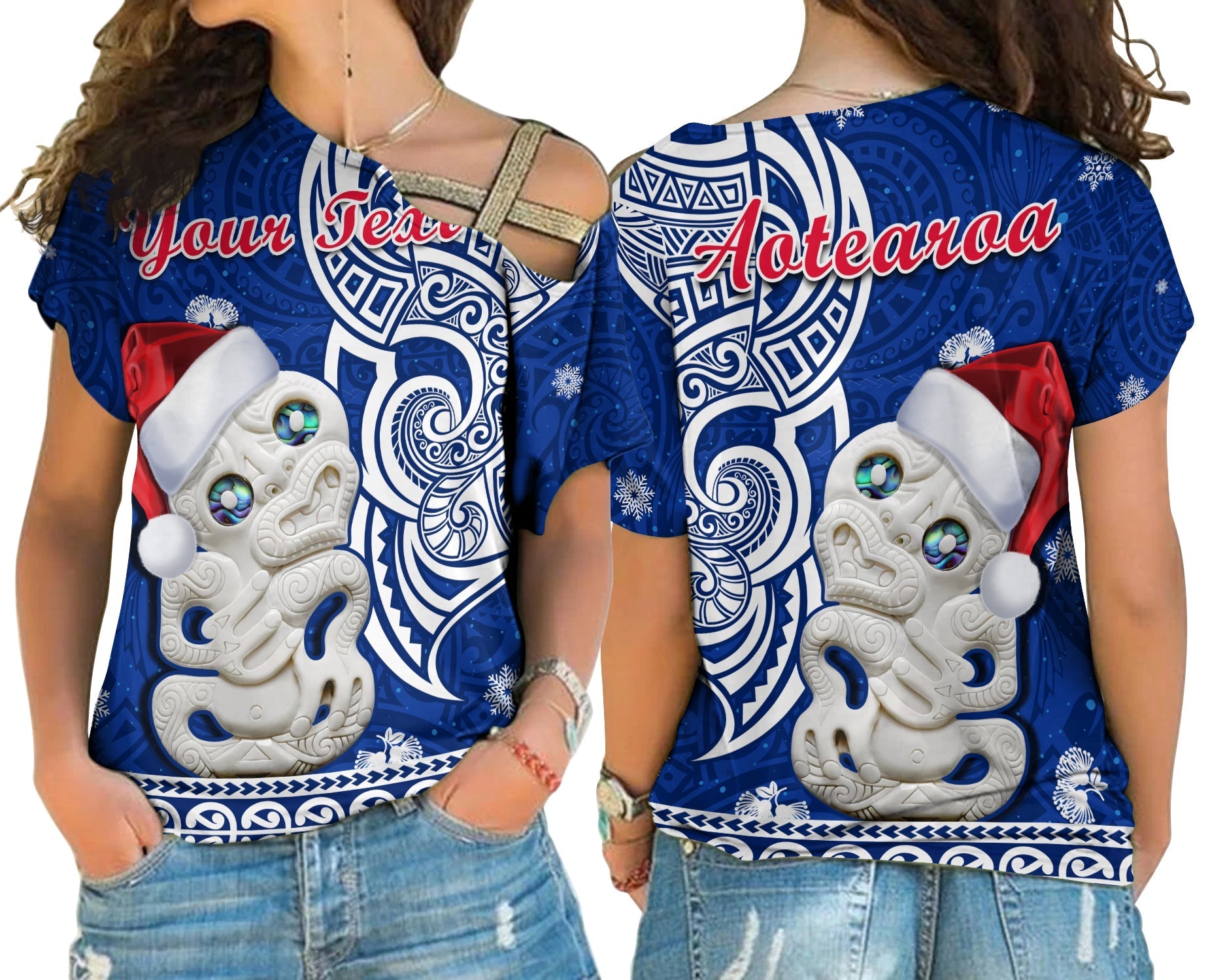 custom-personalised-new-zealand-christmas-cross-shoulder-shirt-hei-tiki-blue-pohutukawa-meri-kirihimete