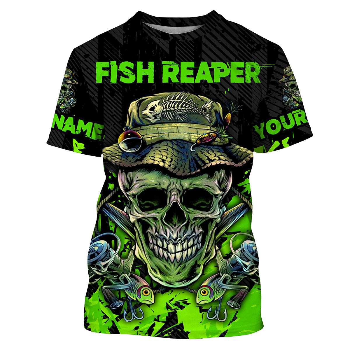 Fish Reaper Skull Black And Neon Green Custom Fishing Shirts - Wonder Print Shop