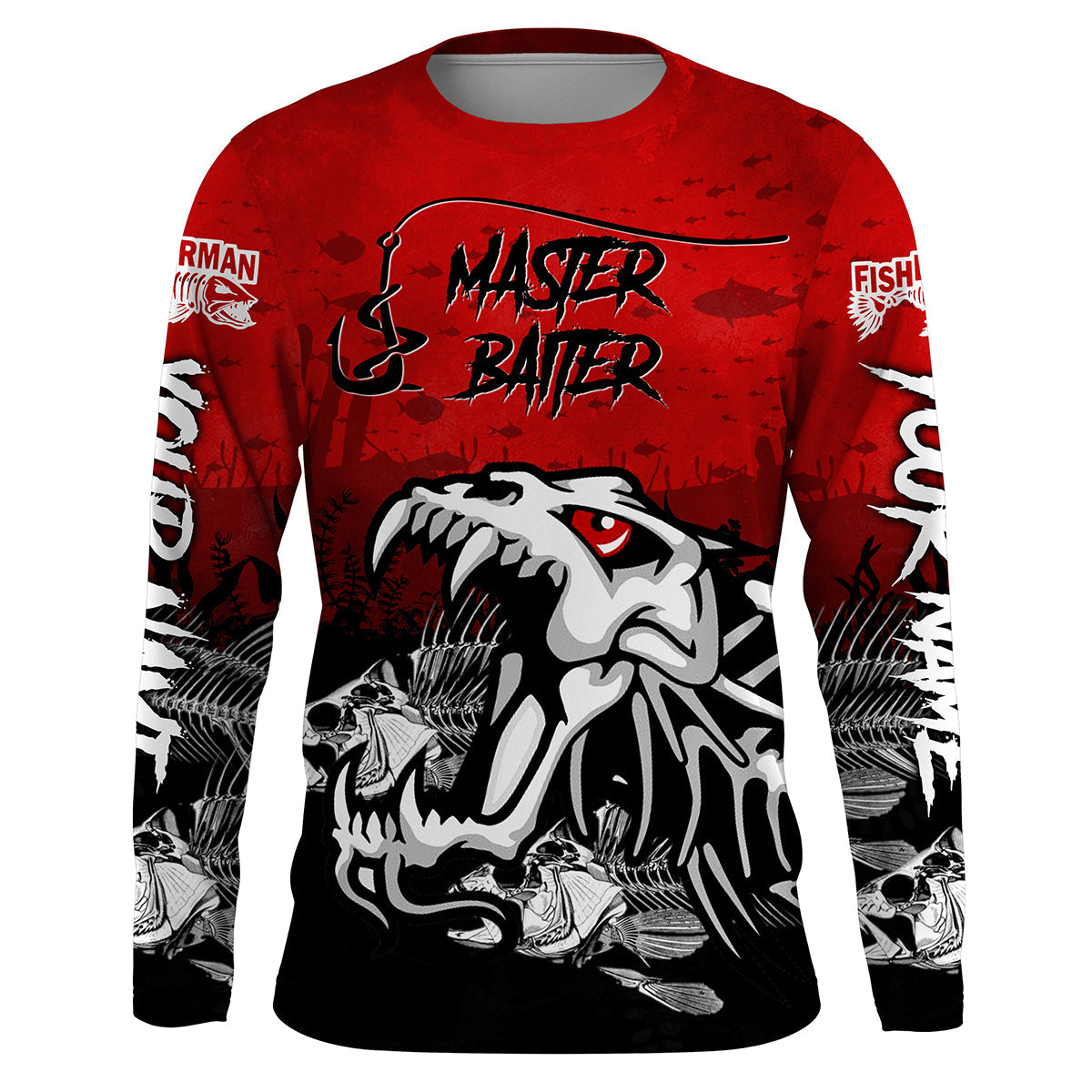 Fish Skeleton Master Baiter Red Custom UV Long Sleeve Fishing Shirts Performance Fishing Shirts, Fishing Long Sleeve Shirts - Wonder Print Shop