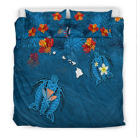 (Custom Personalised) Hawaiian Islands Bedding Set - Hawaii Tropical Flowers and Turtles Blue LT13 - Wonder Print Shop