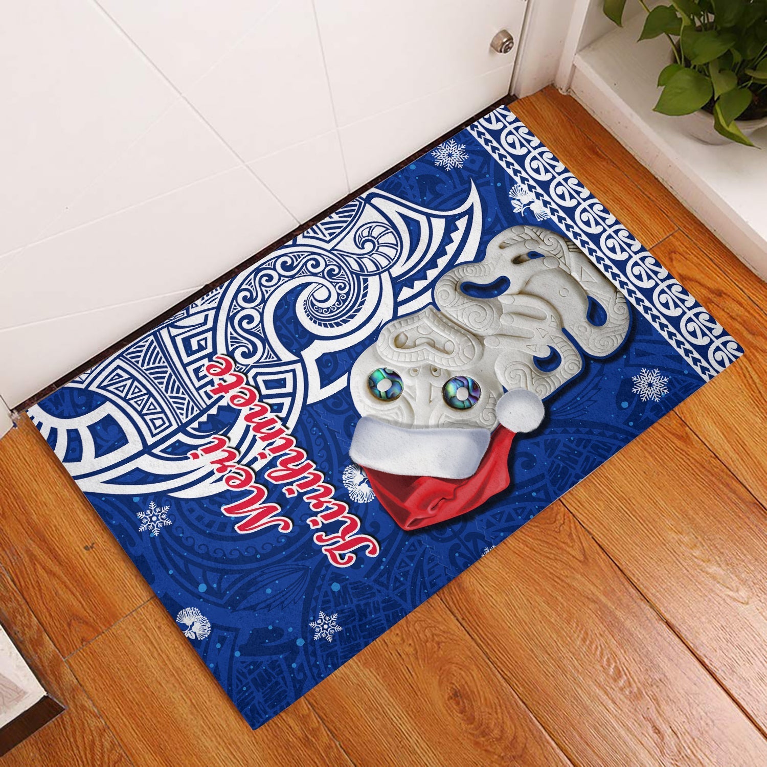 new-zealand-christmas-door-mat-hei-tiki-blue-pohutukawa-meri-kirihimete