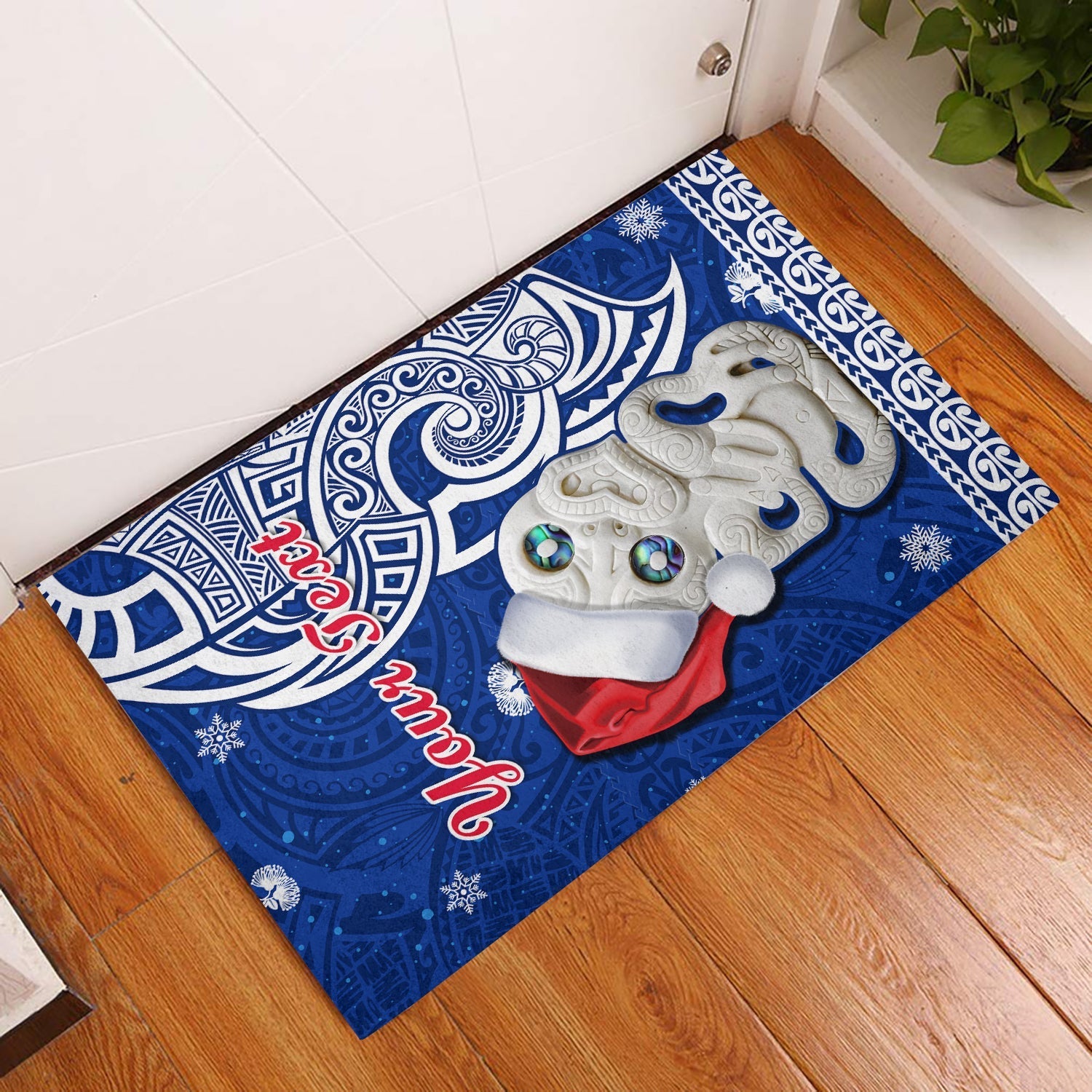 custom-personalised-new-zealand-christmas-door-mat-hei-tiki-blue-pohutukawa-meri-kirihimete