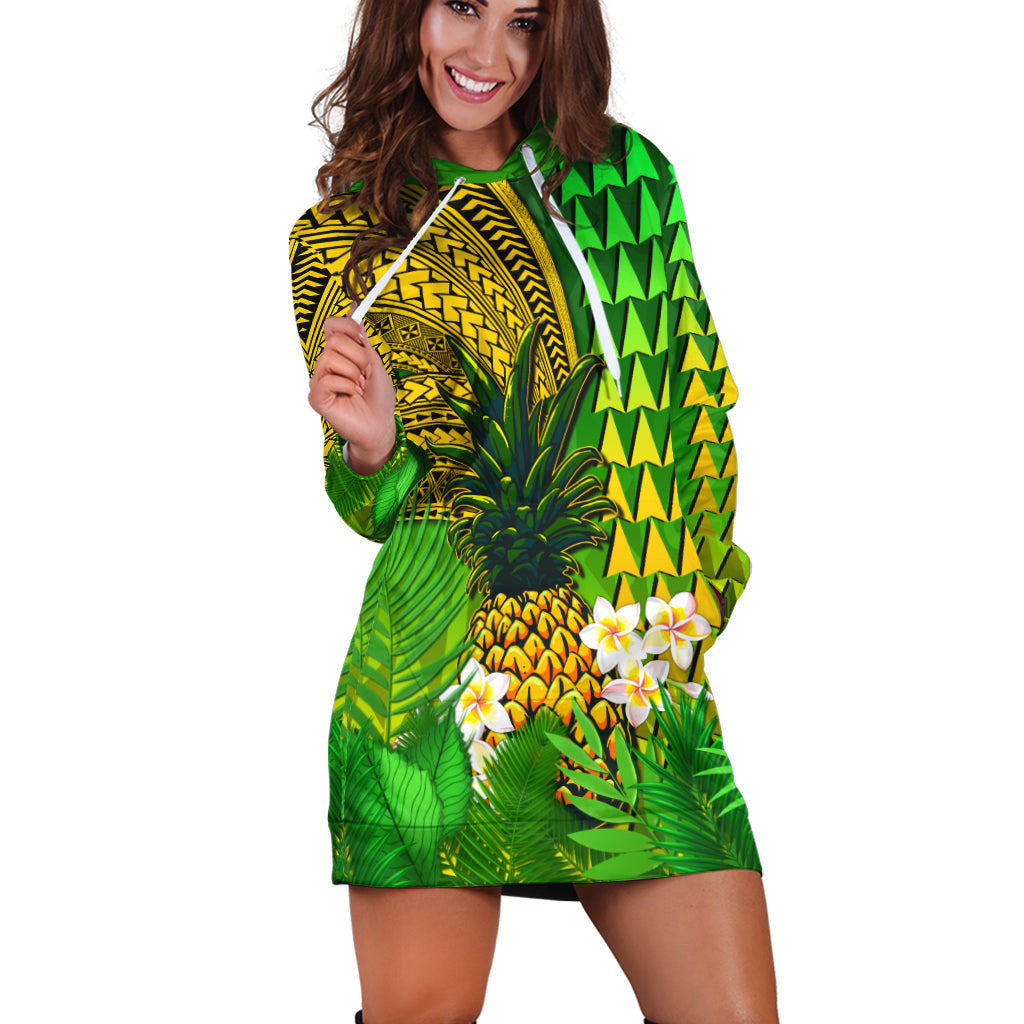 (Custom Personalised) Hawaii Pineapple Hoodie Dress Plumeria Frangipani Mix Tribal Pattern LT13 - Wonder Print Shop