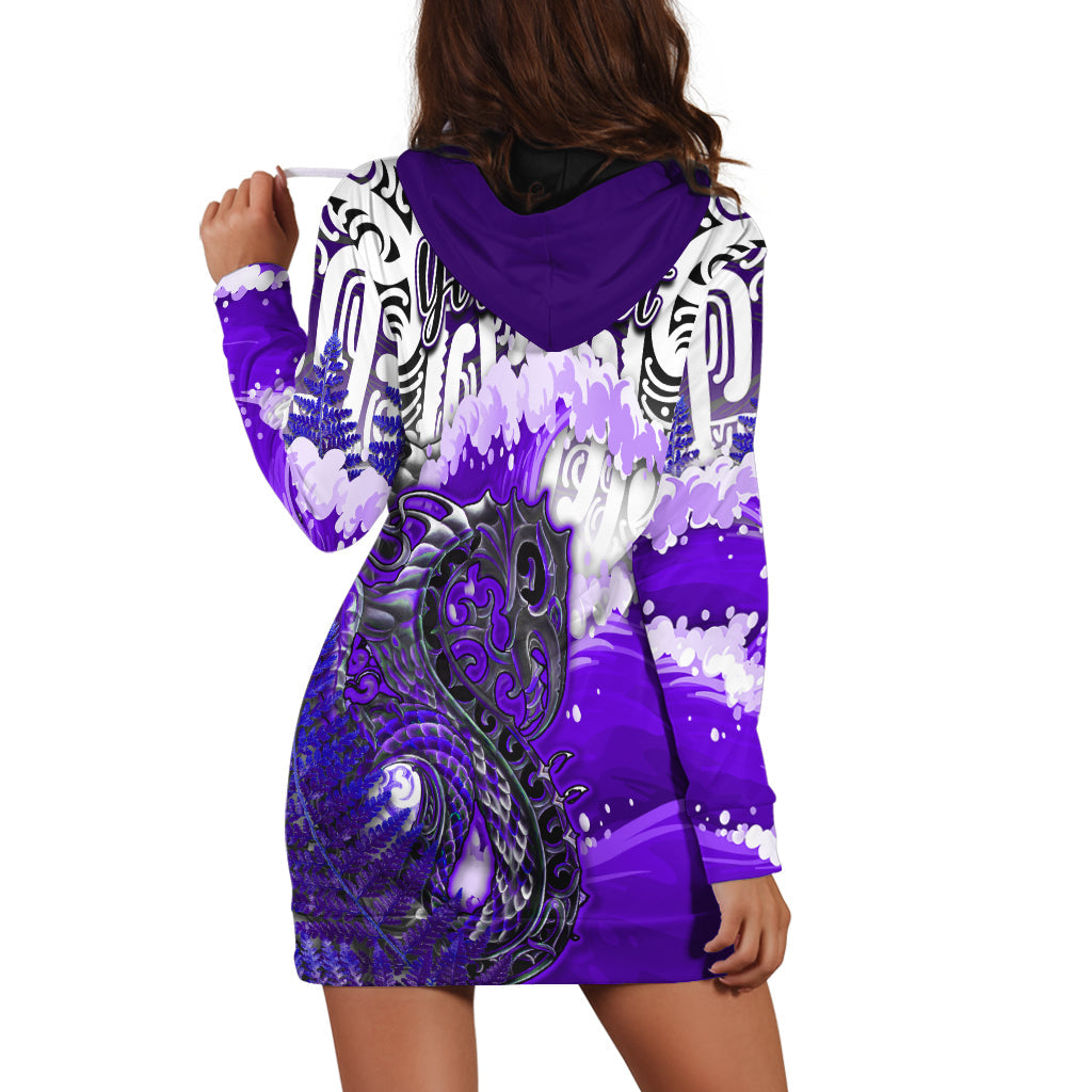 Custom Personalised Manaia Maori Hoodie Dress Fern Aotearoa Purple Waves LT13 - Wonder Print Shop