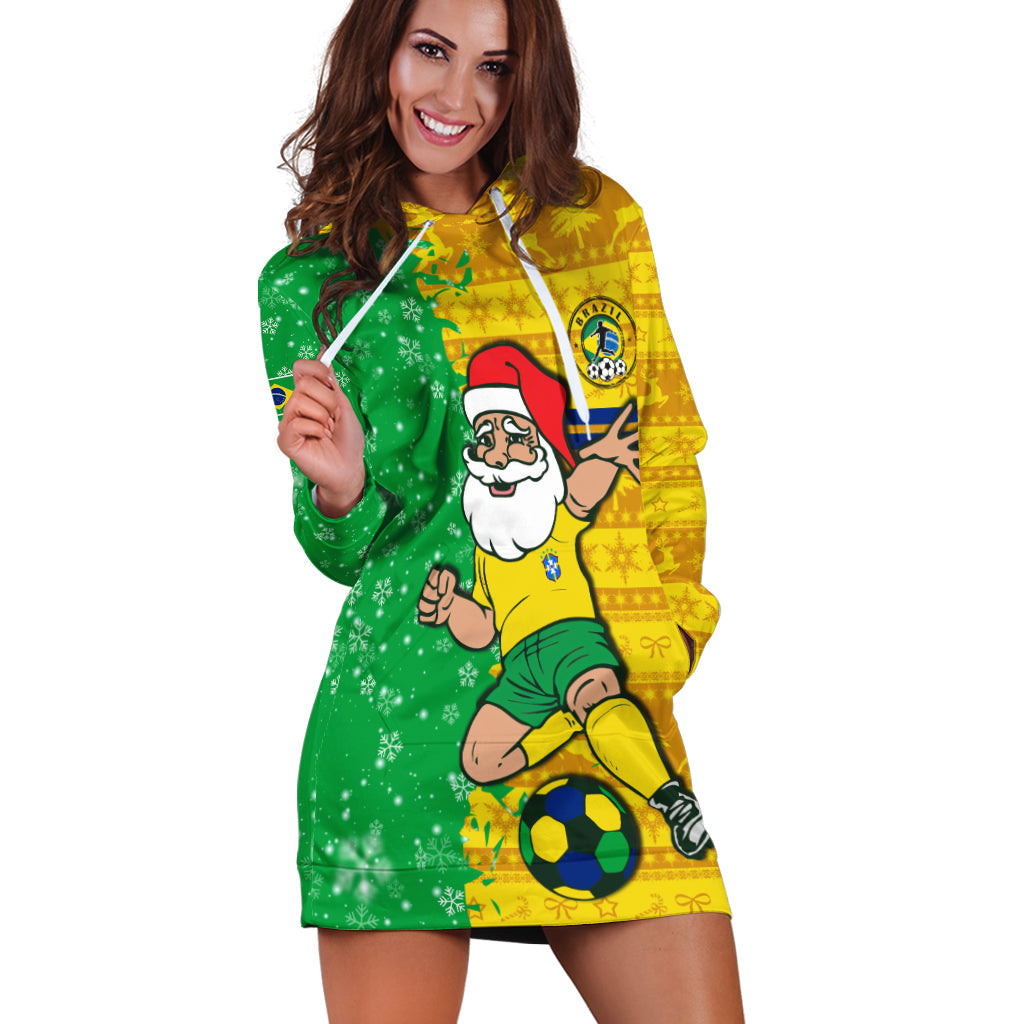 Hoodie dress with green/yellow graphic of Santa and soccer ball, pullover hood.