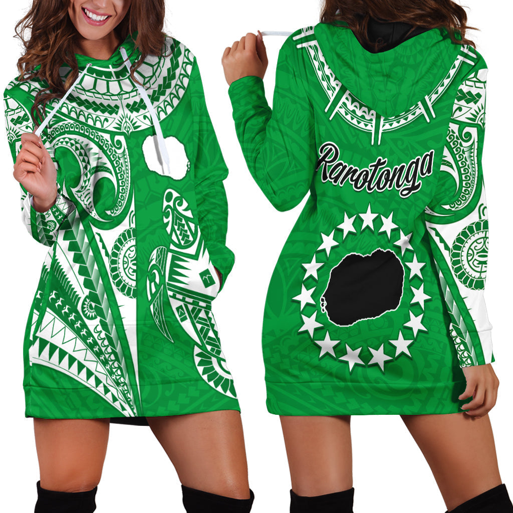 Rarotonga Cook Islands Hoodie Dress Turtle and Map Style Green LT13 - Wonder Print Shop