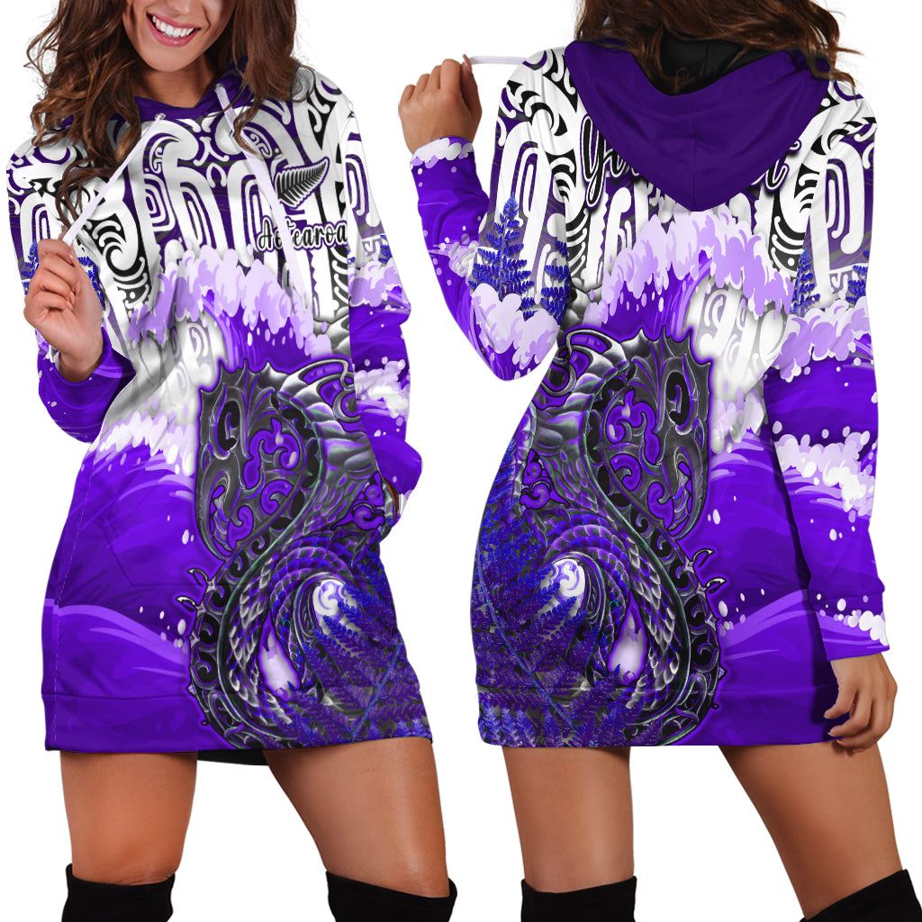 Custom Personalised Manaia Maori Hoodie Dress Fern Aotearoa Purple Waves LT13 - Wonder Print Shop