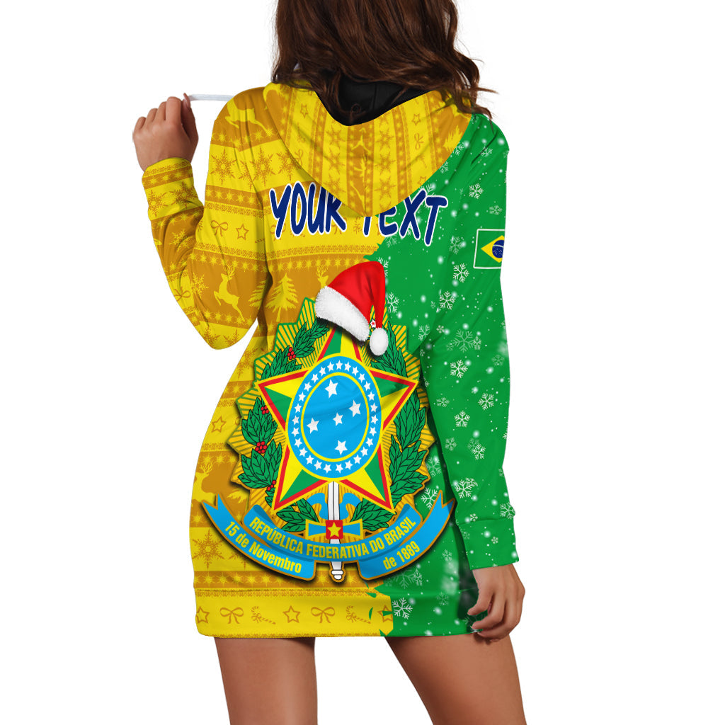Hoodie dress with green and yellow back print, black hood, 'YOUR TEXT' graphic.
