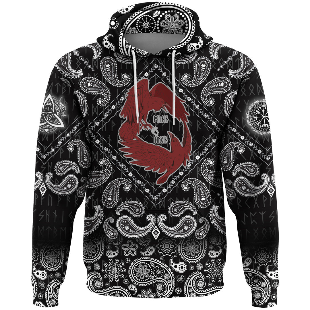 Viking Hoodie Dark Red With Odins Ravens with Bandana Paisley Style RLT12 - Wonder Print Shop