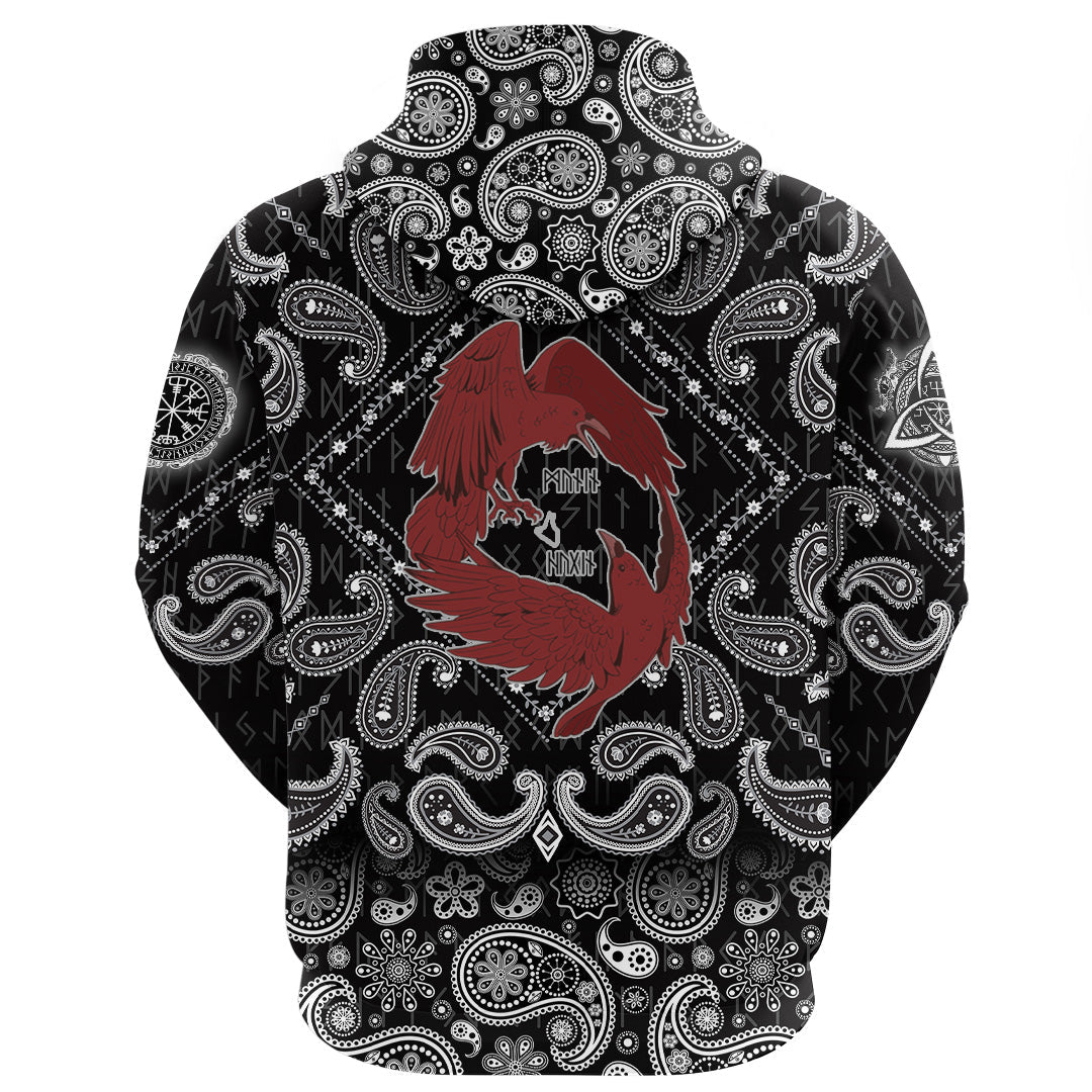 Viking Hoodie Dark Red With Odins Ravens with Bandana Paisley Style RLT12 - Wonder Print Shop