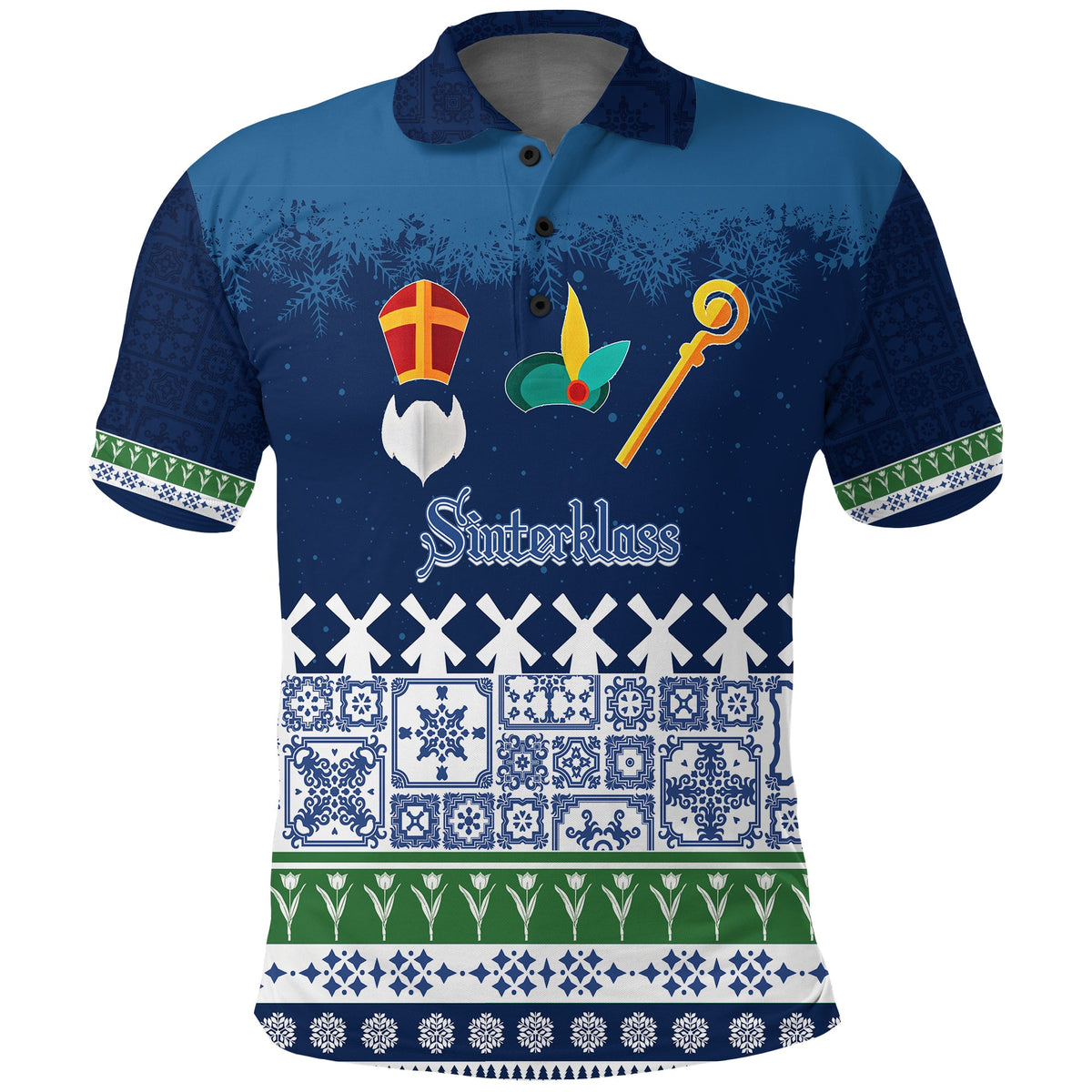 Christmas Sinterklass With Windmill Polo Shirt Netherlands Delft Pattern - Wonder Print Shop