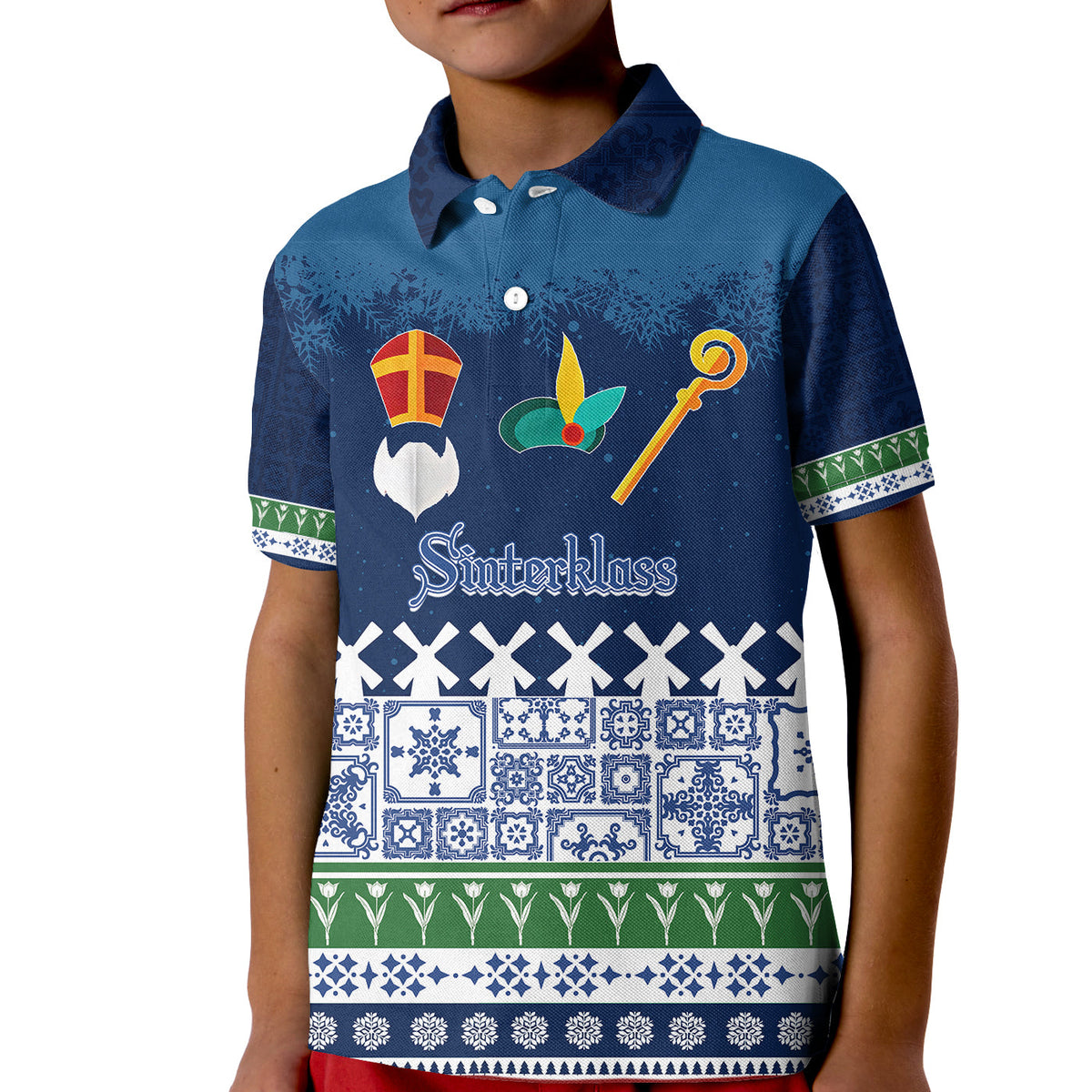 Christmas Sinterklass With Windmill Polo Shirt for Kid Netherlands Delft Pattern - Wonder Print Shop