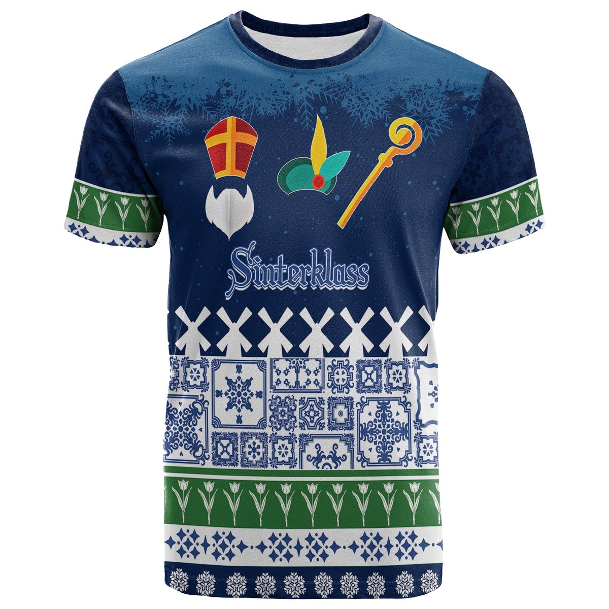 Christmas Sinterklass With Windmill T Shirt Netherlands Delft Pattern - Wonder Print Shop