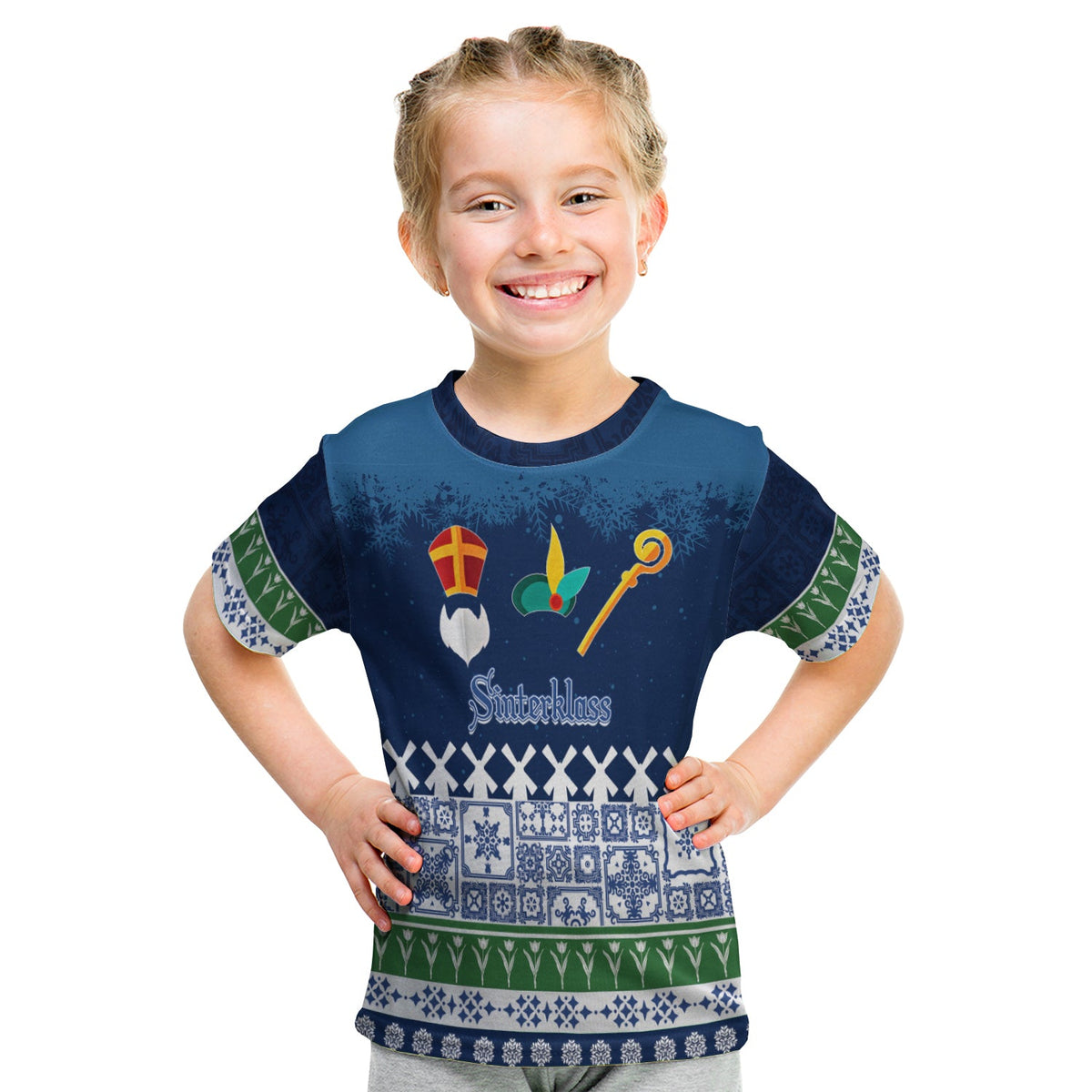 Christmas Sinterklass With Windmill Kid T Shirt - Netherlands Delft Pattern - Wonder Print Shop