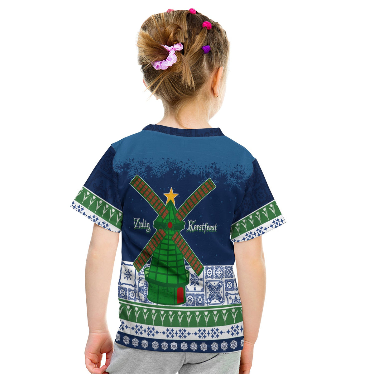 Christmas Sinterklass With Windmill Kid T Shirt - Netherlands Delft Pattern - Wonder Print Shop