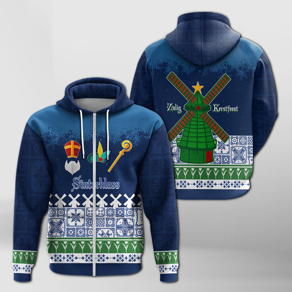 Christmas Sinterklass With Windmill Zip Hoodie Netherlands Delft Pattern - Wonder Print Shop