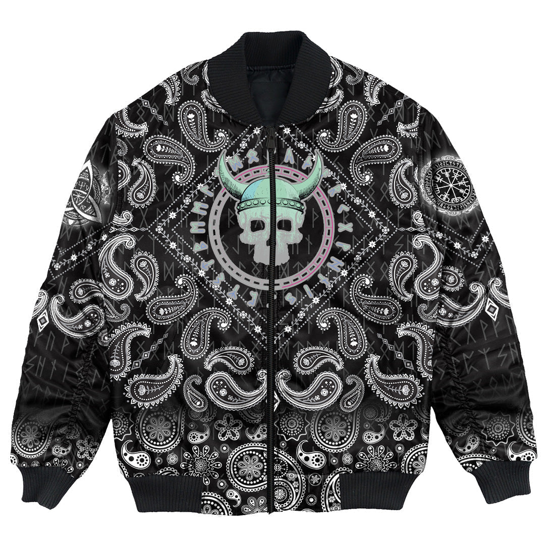 Viking Bomber Jacket Demoniac Skull Viking with Bandana Paisley Style RLT12 - Wonder Print Shop