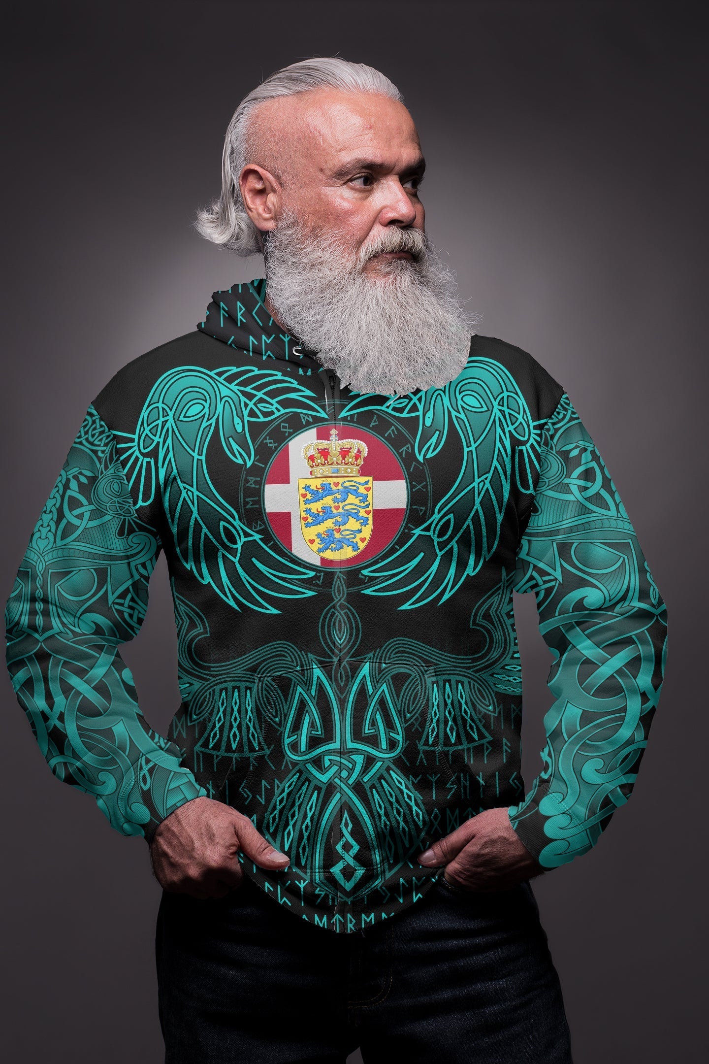 Viking Denmark Zip Hoodie Valknut of Odin Cyan RLT12 - Wonder Print Shop
