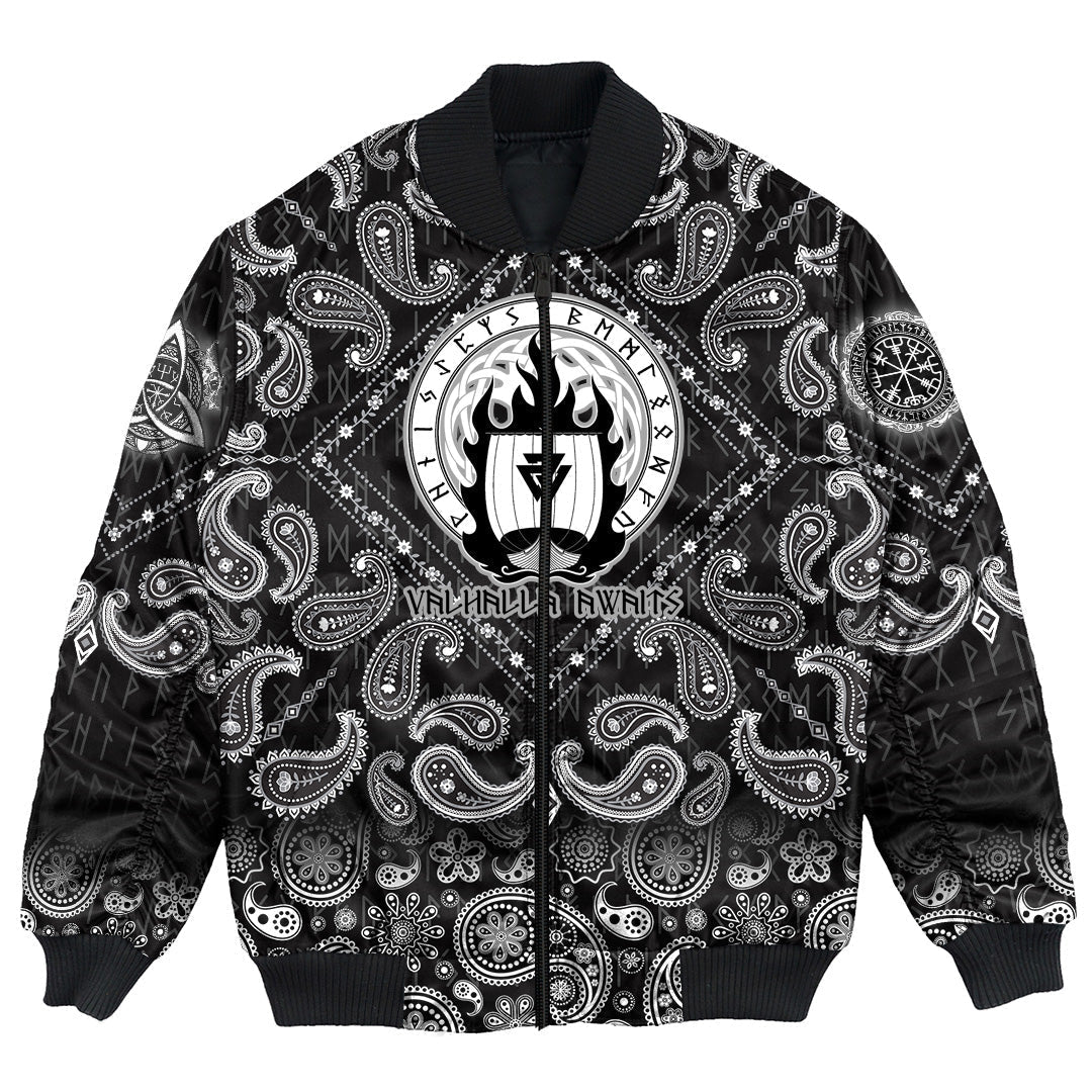 Viking Bomber Jacket Drakkar On Fire and Norse Runes with Bandana Paisley Style RLT12 - Wonder Print Shop