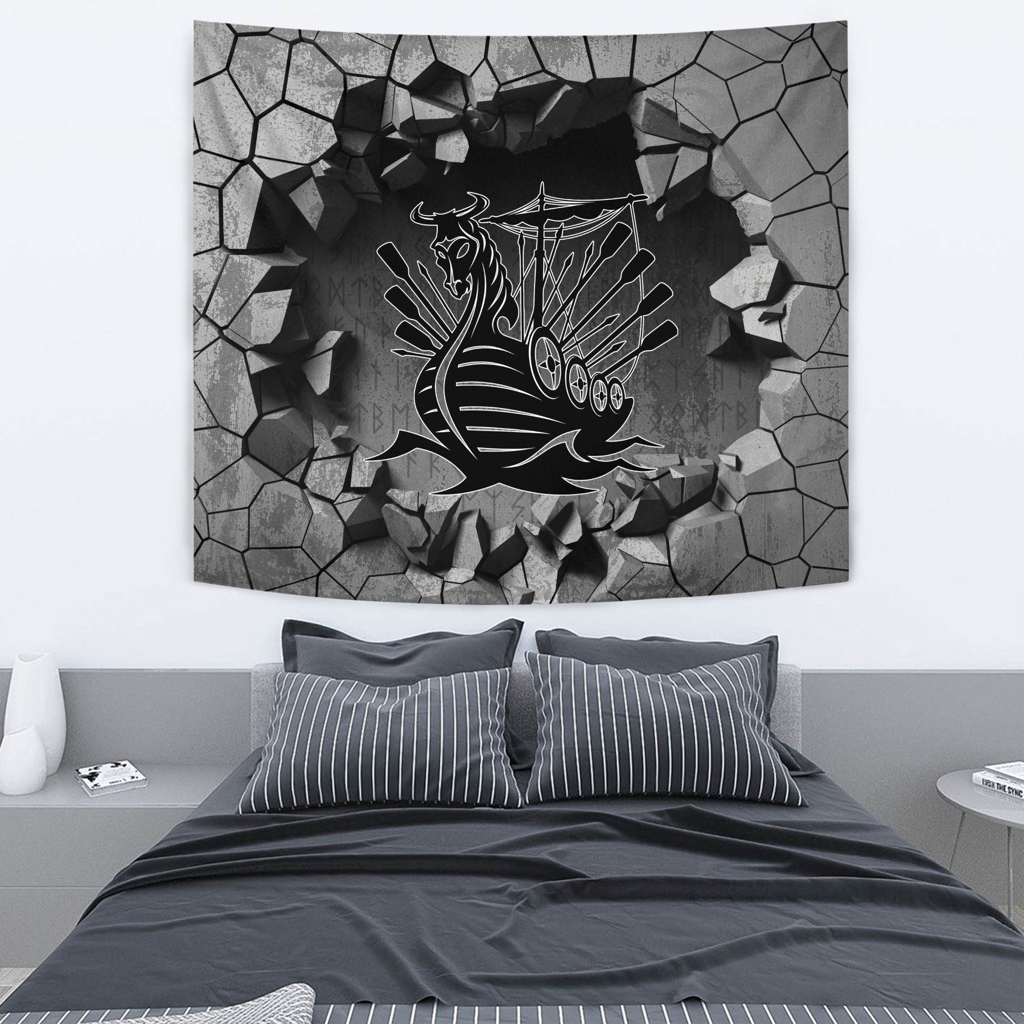 Viking Tapestry - Drakkar On Fire and Norse Runes Tapestry RLT12 - Wonder Print Shop