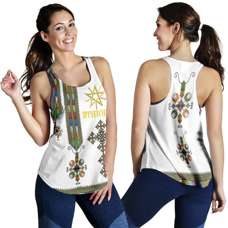 White women's racerback tank with Ethiopian-style graphics on front and back