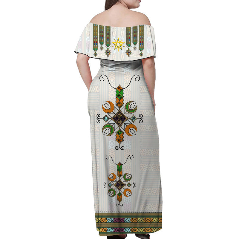 off shoulder habesha dress Vibrant Off-Shoulder Habesha Kemis Elegant Ethiopian Dress with Multi-Color Embroidered Bodice L