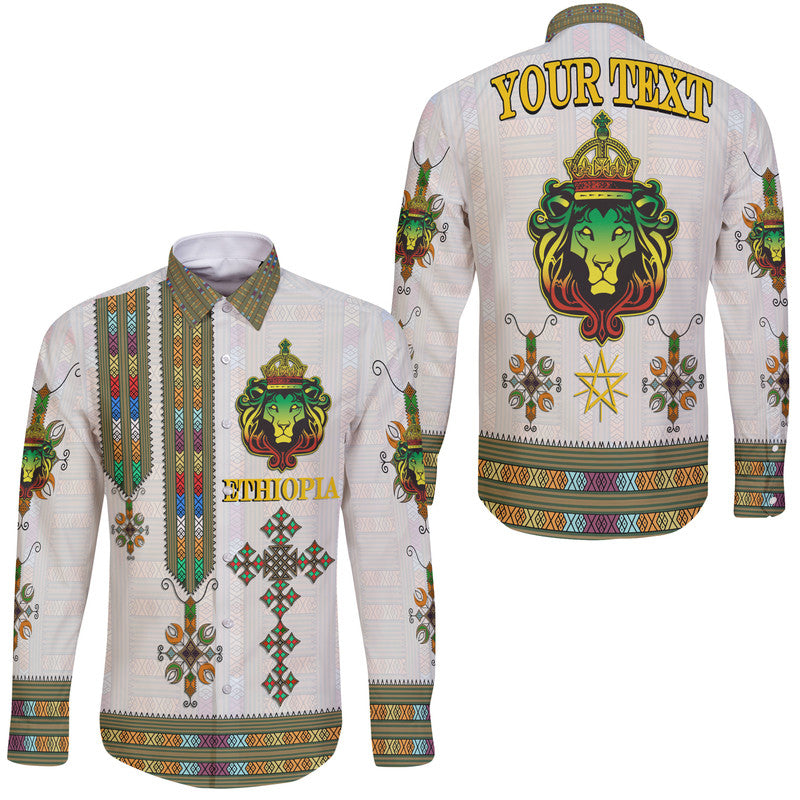 (Custom Personalised) Ethiopia Hawaii Long Sleeve Button Shirt Ethiopian Lion Of Judah Tibeb Style - Wonder Print Shop