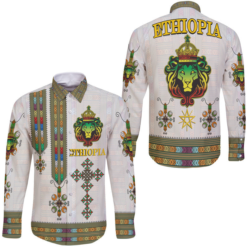 Ethiopia Hawaii Long Sleeve Button Shirt Ethiopian Lion Of Judah Tibeb Style - Wonder Print Shop