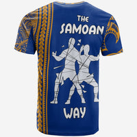 Blue T-shirt back print: “The Samoan Way” with group illustration and patterned border