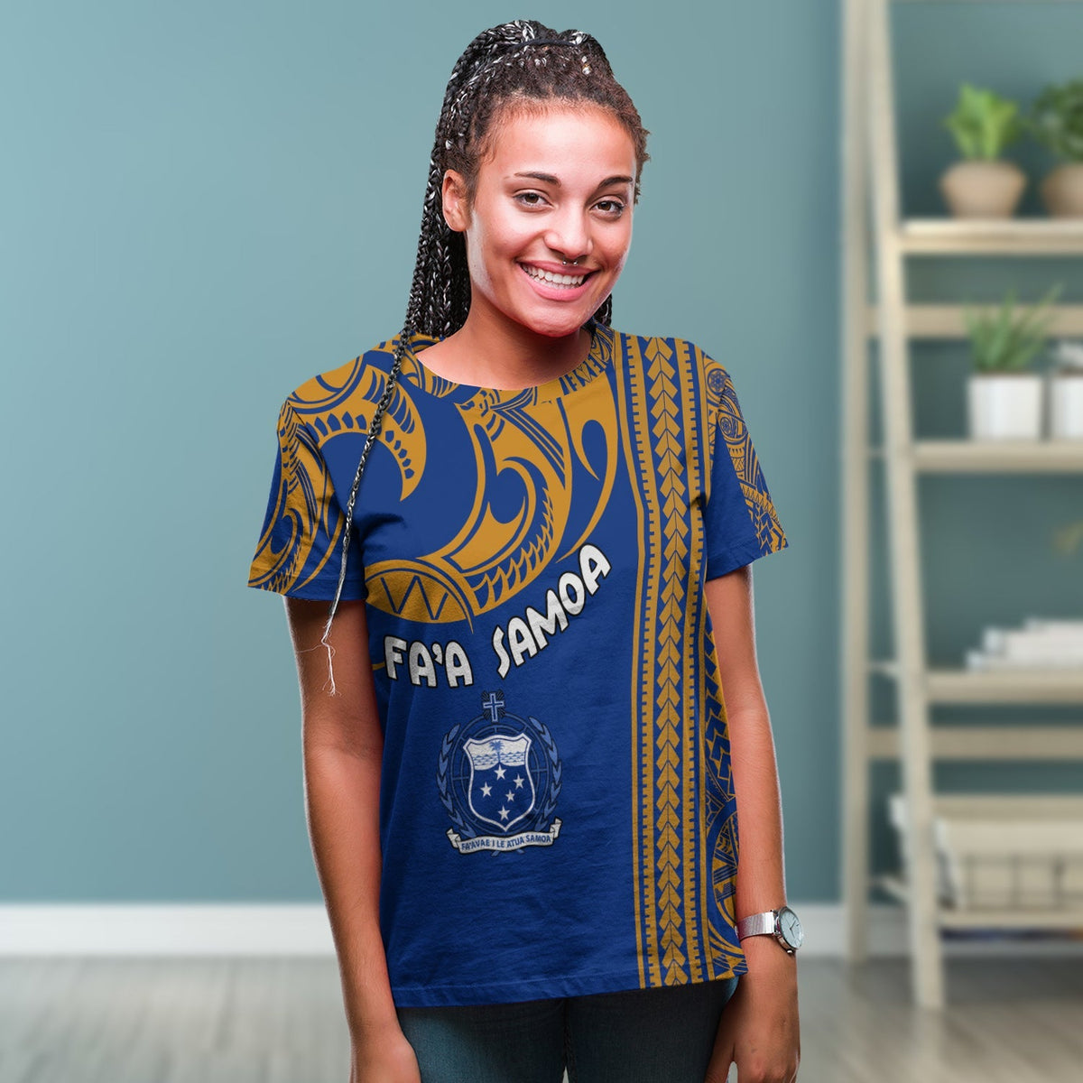 Blue Polynesian print T-shirt with “Faa Samoa” text and crest, worn by model