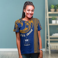 Blue Polynesian print T-shirt with “Faa Samoa” text and crest, worn by model