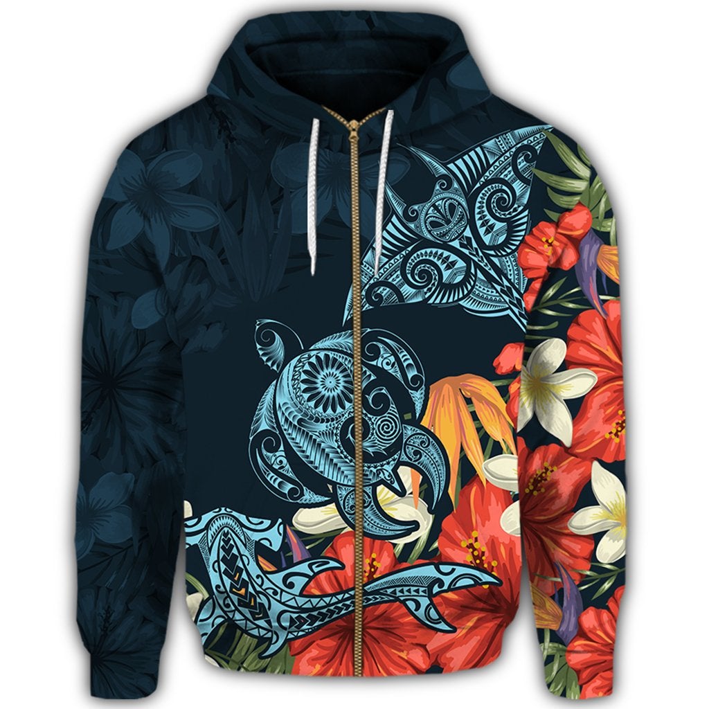 Hawaii Turtle Hoodie Shark Manta Ray Hibiscus Plumeria (Zip Up) - Wonder Print Shop