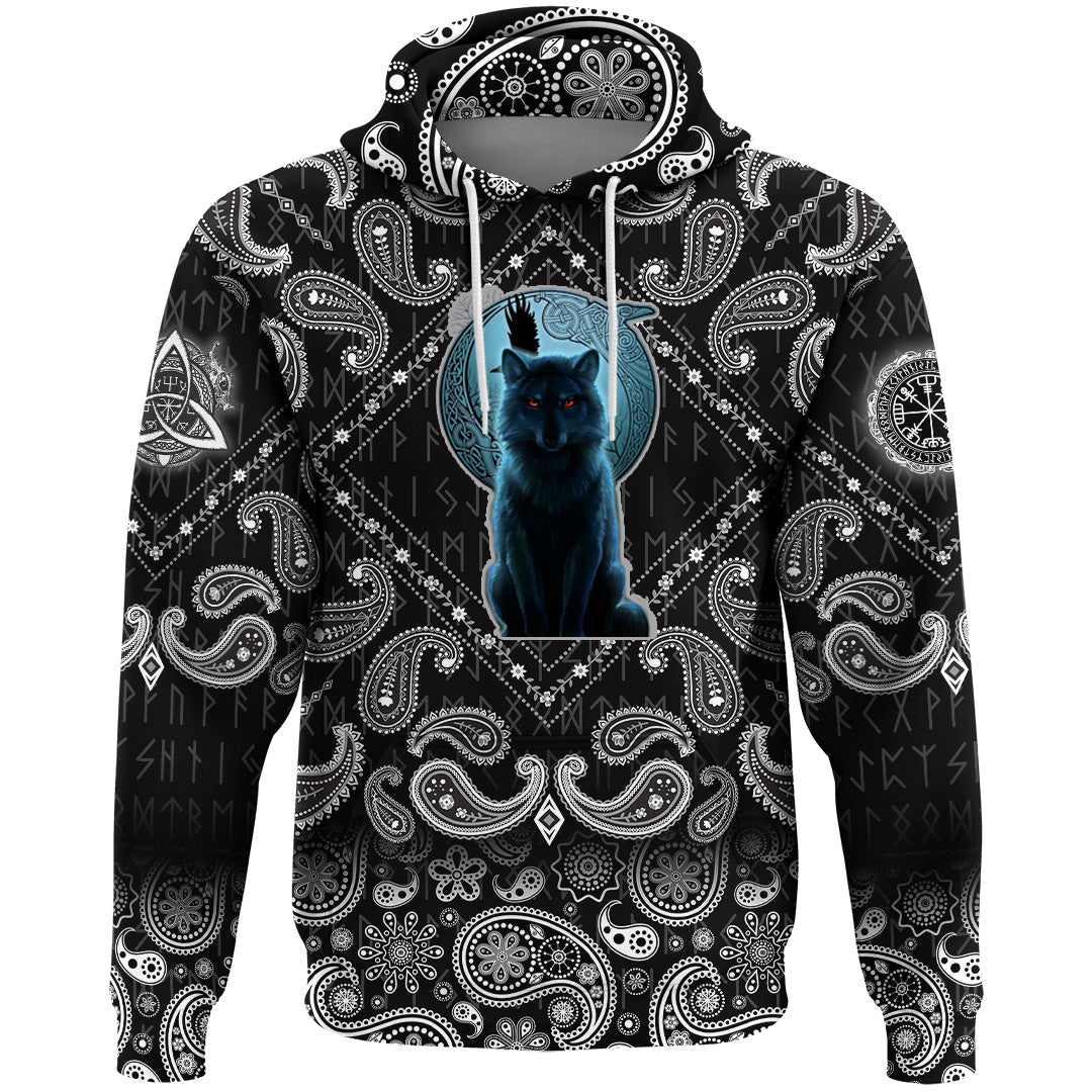 Viking Hoodie Fenrir Wolf and Moon with Bandana Paisley Style RLT12 - Wonder Print Shop