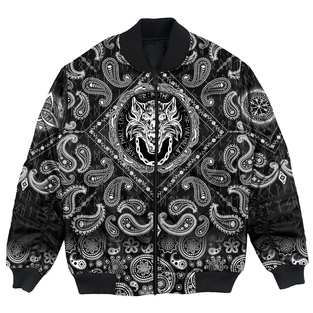 Viking Bomber Jacket Fenrir Wolf and Old Runes with Bandana Paisley Style RLT12 - Wonder Print Shop