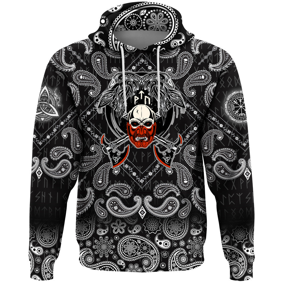 Viking Hoodie Fighting Axes Raven Skull Fantasy Warrior Inscription Hero with Bandana Paisley Style RLT12 - Wonder Print Shop