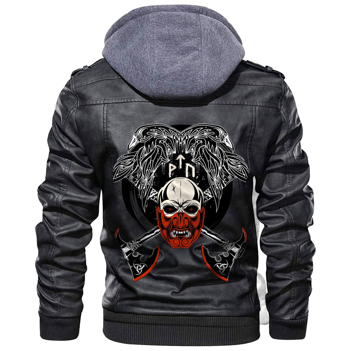 Viking Fighting Axes Raven Skull Fantasy Warrior Inscription Hero Leather Jacket RLT12 - Wonder Print Shop