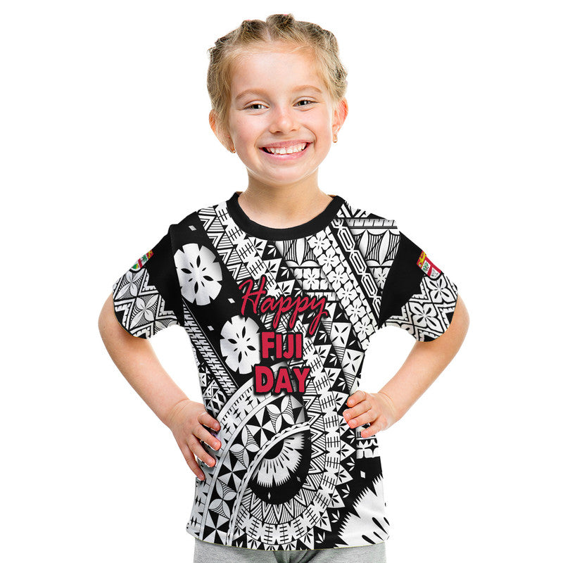Black and white Fiji Day T-shirt with Happy Fiji Day text on front, tropical pattern