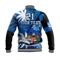 Custom Personalised Fiji Coat Of Arms Baseball Jacket Masi Tapa Mixed Palm Tree No2 Blue Color Version LT9 - Wonder Print Shop