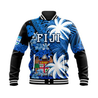Custom Personalised Fiji Coat Of Arms Baseball Jacket Masi Tapa Mixed Palm Tree No2 Blue Color Version LT9 - Wonder Print Shop