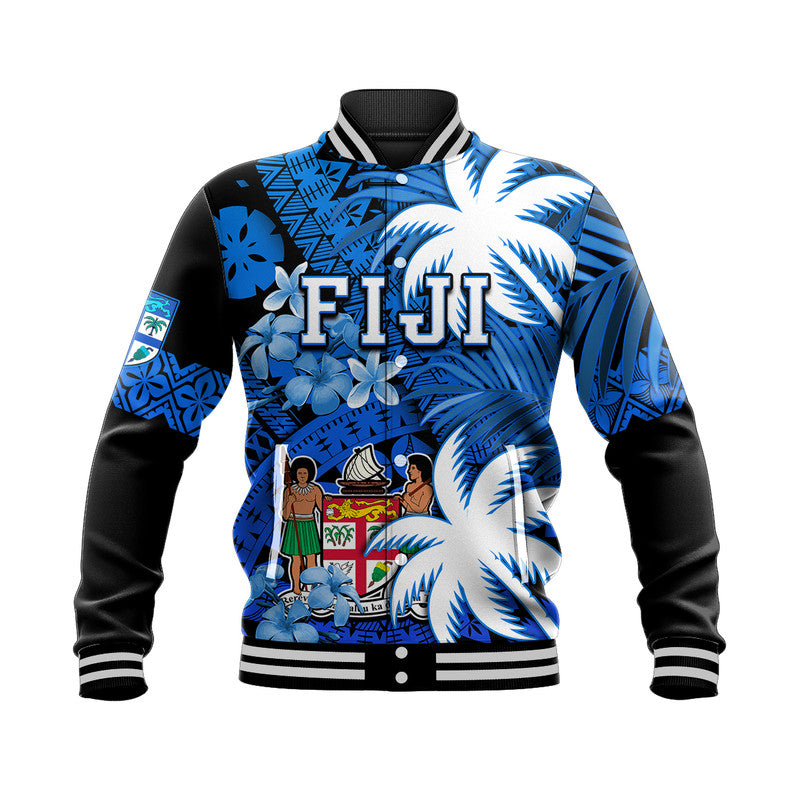 Fiji Coat Of Arms Baseball Jacket Masi Tapa Mixed Palm Tree No2 Blue Version LT9 - Wonder Print Shop