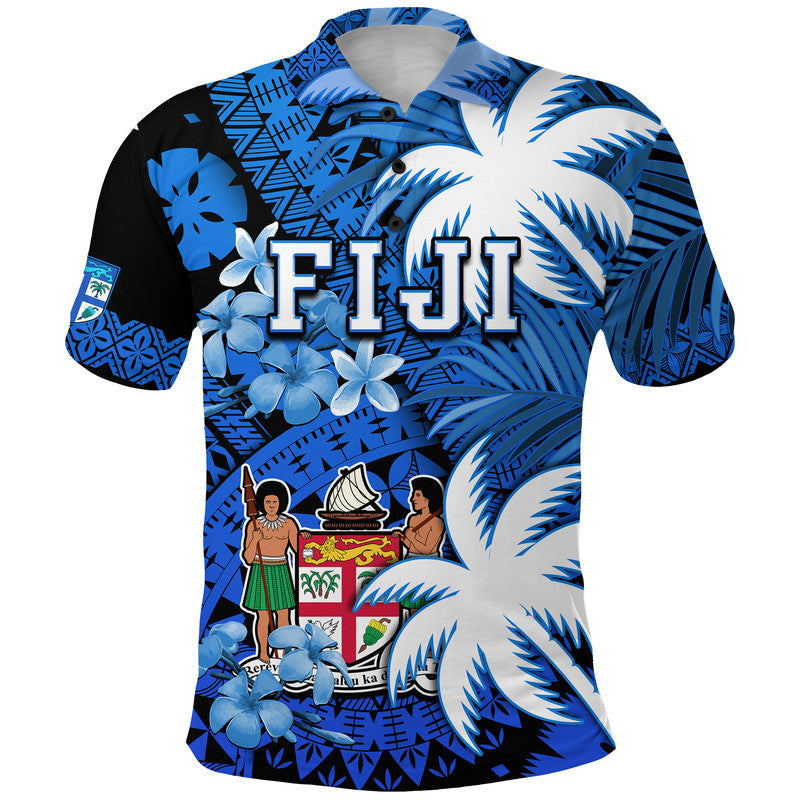 Custom Fiji Polo Shirt Coat Of Arms Masi Tapa Mixed Palm Tree No2 Blue Version - Wonder Print Shop