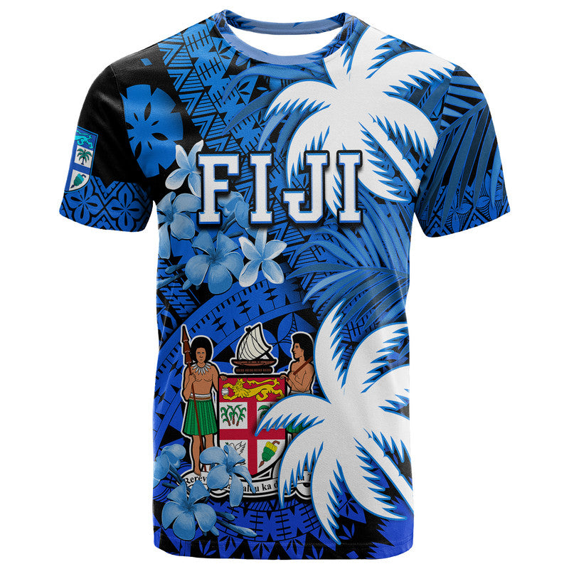 Custom Fiji Coat Of Arms T Shirt Masi Tapa Mixed Palm Tree No2 Blue Version - Wonder Print Shop