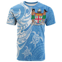 Turquoise Fiji coat of arms graphic T-shirt, front view with island pattern sleeves