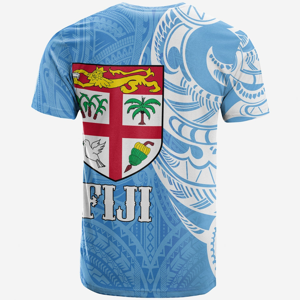 Turquoise Fiji coat of arms T-shirt, back view with shield and 'FIJI' text